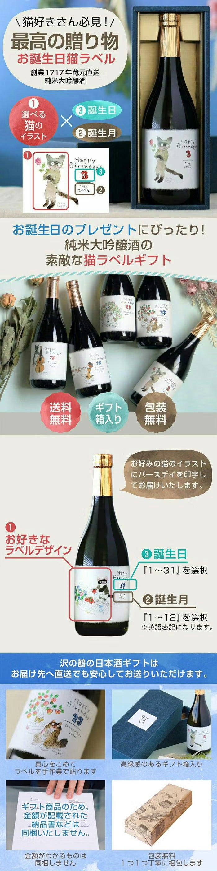 沢の鶴]誕生日プレゼント 猫イラストラベル ギフト 純米大吟醸 720ml